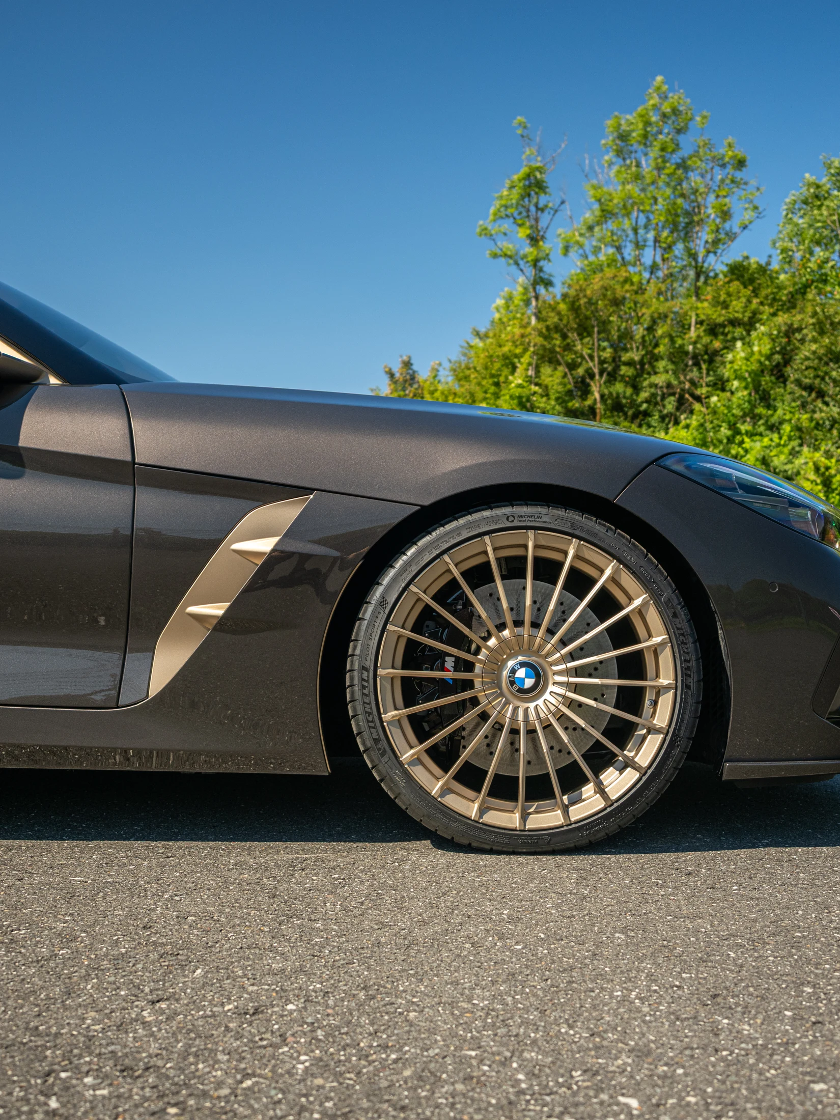 Filigranes Speichenrad und bronzefarbene Karosserie des edo roadster Concorso